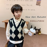 儿童毛衣两件套男女童2022秋学院风针织，菱格v领马甲宝宝纯色衬衫
