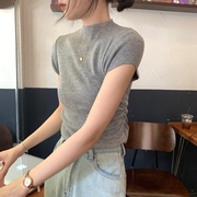 suseyiku 春季韩版修身气质半高领褶皱设计感6羊毛针织短袖上衣女