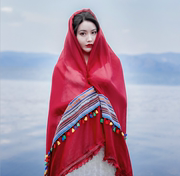 西藏沙漠度假防晒披肩民族风棉麻围巾纯色超大青海红色纱巾拍照女
