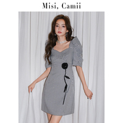 商场同款Misi Camii2023春夏小众烫钻格子立体花连衣裙