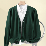 JIEYI 军绿色绅士复古英伦风针织开衫轻奢高品质纯色潮男毛衣外套