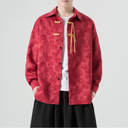 新中式男装中国风红色唐装，衬衫外套春秋，款长袖衬衣本命年汉服上衣