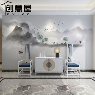 新中式意境水墨山水沙发卧室，客厅影视墙，壁画电视背景墙壁纸壁画