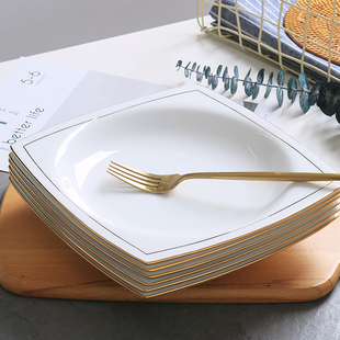 创意骨瓷方形菜盘盘子家用欧式金边陶瓷碟子西餐，餐盘深汤盘套装