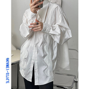 小众设计款重工波浪刺绣，白色长袖衬衫男廓形宽松纯棉，大领子衬衣潮