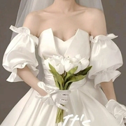 新娘手套森系婚纱缎面，遮手臂袖子抹胸婚纱礼服，短款手袖可定制颜色
