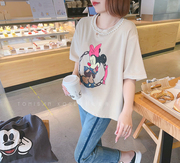 兔美善韩国女装23春夏新 卡通米妮珍珠项链绒感短袖休闲T恤