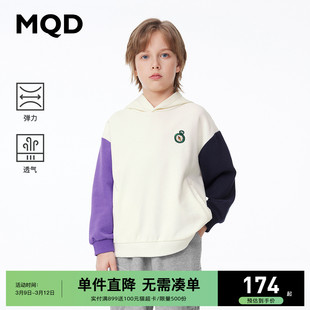 mqd童装男大童鸳鸯袖拼接连帽，卫衣24春索罗娜户外印花图案上衣新