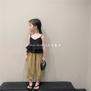木西童品2023夏韩国女童黑色吊带衫女宝宝小甜美的荷叶边背心上衣