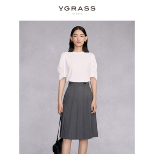 vgrass云母白色刺绣泡泡袖短袖，t恤女2024春夏，设计感上衣宽松