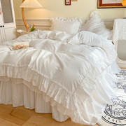 韩式四件套全棉纯白色贡缎公主风床单纯棉被套1.8m床裙式床上