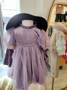 紫色丝绒立领泡泡袖球网纱可爱秋冬款女孩儿童高腰时尚气质连衣裙