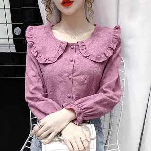 早秋装2024年女士娃娃，领上衣纯棉提花，衬衫女长袖开衫紫色衬衣