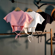 绑带后背镂空露脐茸茸短袖上衣女，2023韩版纯色，高腰露脐t恤潮外贸