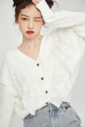 春季女装甜美v领百搭蕾丝拼接针织，开衫长袖白色毛衣外套