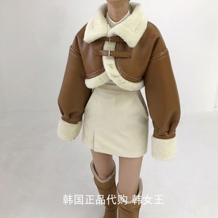 2twomoon韩国2023冬装，时尚皮带扣pu皮飞行夹克，内加绒外套女