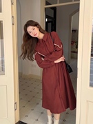 韩系复古休闲风气质小翻领洋气连衣裙2023收腰显瘦减龄长裙时尚女