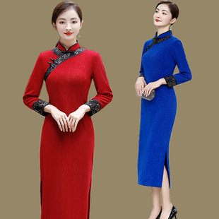 秋季长款旗袍中国风改良气质优雅弹力，修身走秀演出服复古裙子