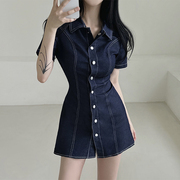 韩国chic复古气质翻领，单排扣明线设计感收腰显瘦短袖牛仔连衣裙女
