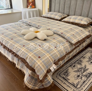 纯棉法式床盖三件套韩式绗缝夹棉床单四季通用全棉砂洗四件套