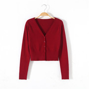 法式复古V领红色针织开衫外套女秋冬网红束腰小短款毛衣披肩
