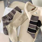羊绒长袜秋冬加厚条纹花边中筒堆堆，袜保暖羊毛，咖啡色地板袜学院风