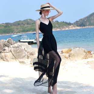 2023高端巴厘岛长裙三亚海边度假连衣裙，高级感礼服黑纱沙滩裙