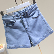 浅蓝色牛仔短裤女夏季韩版弹力高腰修身显瘦大码卷边短裤子