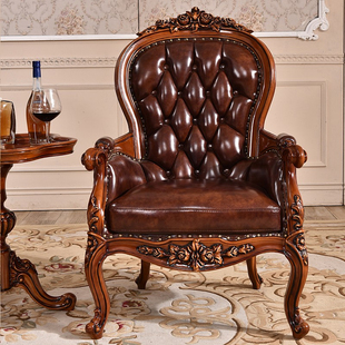 美式全实木真皮沙发椅别墅奢华单人休闲椅客厅会客椅欧式阳台家具