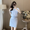蓝色白色女装小香风糖果冰丝套装裙，两件套2024夏短袖(夏短袖)时尚休闲短裙