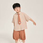 韩国童装男童短袖格子衬衫夏季儿童领带衬衣中小童薄款上衣潮