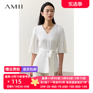 amii2024夏v领中袖配腰带雪纺，衫女修身显瘦设计感法式上衣