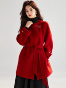 双面羊绒大衣女，秋冬季2023高级感小个子红色，高端羊毛毛呢外套