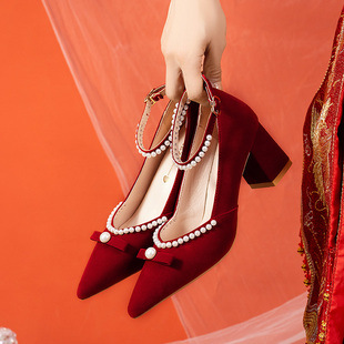 中式婚鞋女2023酒红结婚鞋子高跟舒适新娘，鞋绣花敬酒粗跟孕妇
