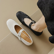 新中式丝绸牛皮平底鞋2024法式一字带浅口单鞋低跟圆头玛丽珍女鞋