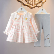 女童春装圆点连衣裙套装时髦童装，女宝宝长袖两件套婴儿，春季衣服潮