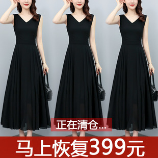 夏季长款无袖雪纺连衣裙2023胖mm显瘦遮肚气质高级感黑色长裙