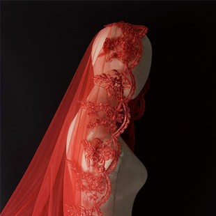 红色头纱新娘红盖头结婚纱，复古风中式秀禾汉服半透明网纱蒙头拍照