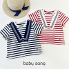 韩国单110-160女宝儿童，夏季纯棉宽松条纹海军风，刺绣圆领短袖t恤