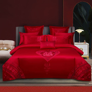 婚庆床品被套四件套大红色，全纯棉绣花简约婚房床单结新婚被罩4件