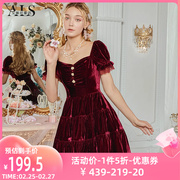 艾丽丝2024新年夏季红色甜美公主裙方领高级感丝绒短款连衣裙