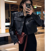 韩系黑色小香风皮衣外套，女204春秋季宽松夹克，高级感复古短款.