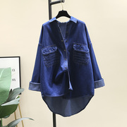 深蓝色复古牛仔衬衫女外套，2023春装韩版中长款设计感衬衣上衣