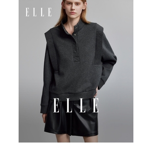 ELLE深灰色设计感复古小众卫衣女2023冬装高级感超好看上衣