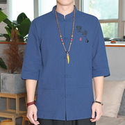 中国风棉麻男衬衫复古风唐装汉服七分袖，立领中山t恤短袖麻男上衣