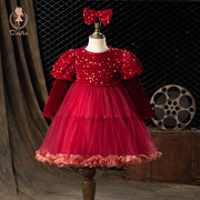 儿童礼服公主裙红色丝绒高端婚纱tutu裙花童长袖小女孩演出服
