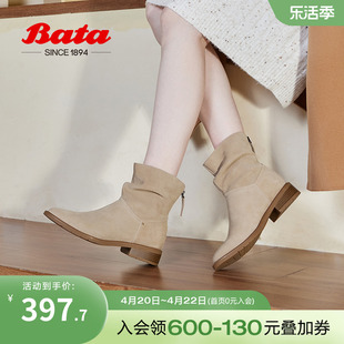 bata堆堆靴女2023冬商场，百搭牛皮粗跟褶皱软底牛仔靴axg60dd3