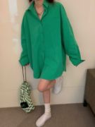 绿色衬衫女夏季韩版宽松bf风叠穿长袖设计感小众中长款上衣外套潮