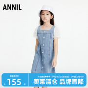 安奈儿女童连衣裙2023夏洋气(夏洋气，)休闲女孩短袖牛仔裙时髦方领裙子