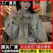 美式复古刺绣牛仔外套，女潮ins宽松春秋季港风vintage百搭夹克上衣